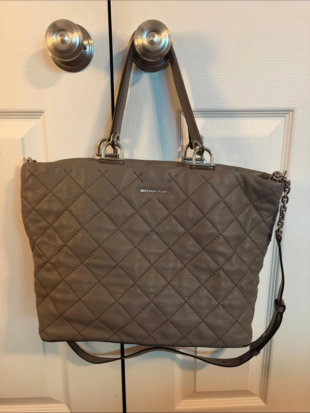 Michael Kors Quilted Pebbled Leather Tote in Taupe Gray